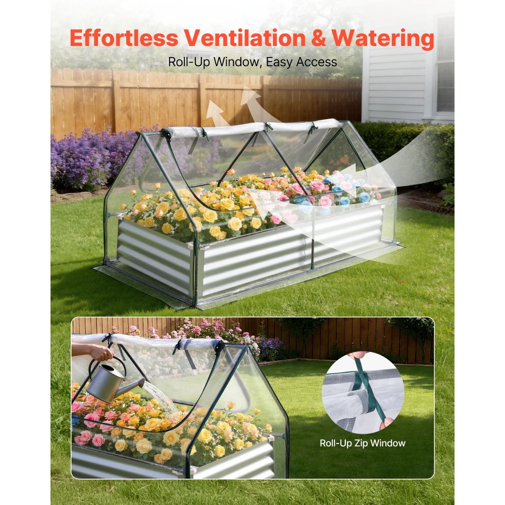 VEVOR Raised Garden Bed with Cover, 6 x 3 x 1 ft, Rectangular Galvanized Metal Planter Box Kit Outdoor, with PE Greenhouse Cover & Gloves, Rustproof Alu-Zinc, for Growing Flowers Vegetables, Silver