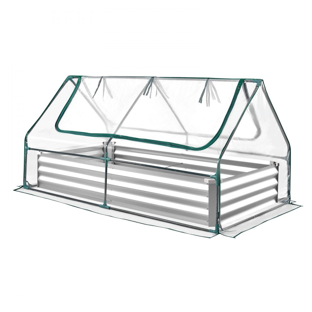 VEVOR Raised Garden Bed with Cover, 6 x 3 x 1 ft, Rectangular Galvanized Metal Planter Box Kit Outdoor, with PE Greenhouse Cover & Gloves, Rustproof Alu-Zinc, for Growing Flowers Vegetables, Silver