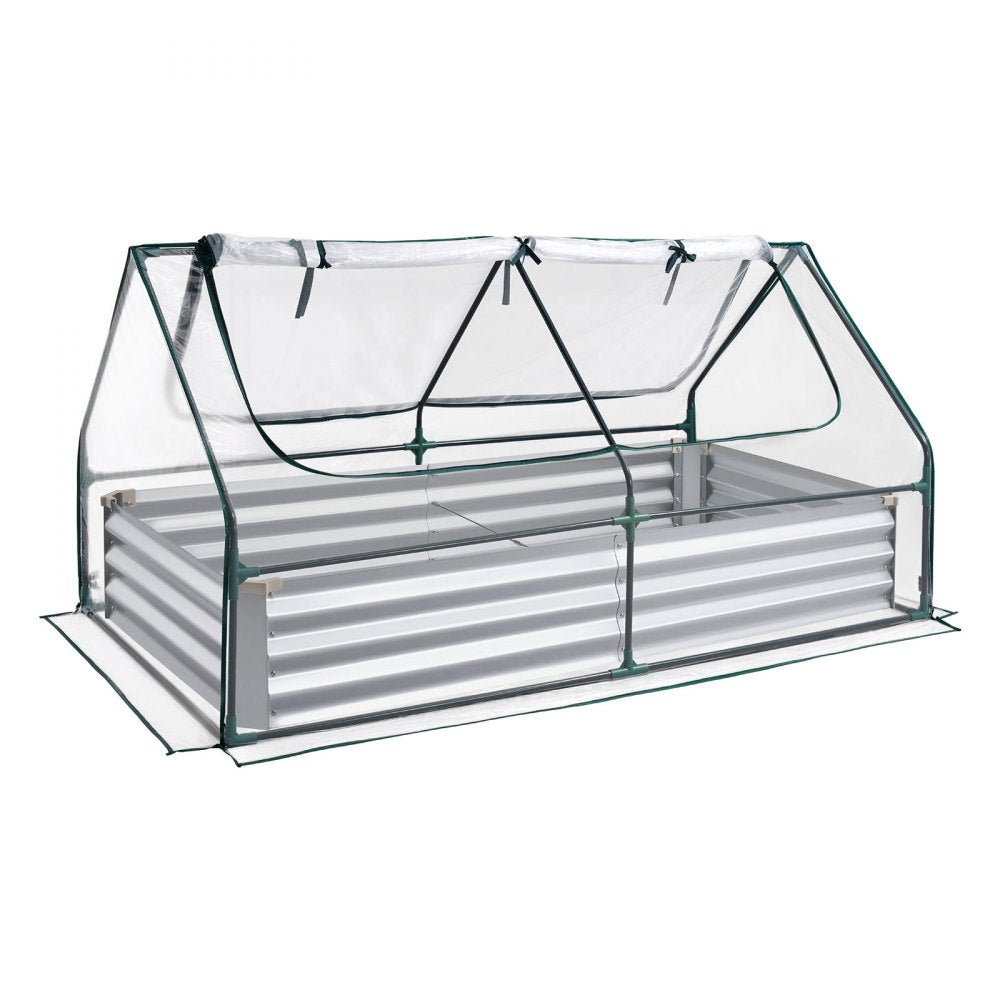 VEVOR Raised Garden Bed with Cover, 6 x 3 x 1 ft, Rectangular Galvanized Metal Planter Box Kit Outdoor, with PE Greenhouse Cover & Gloves, Rustproof Alu-Zinc, for Growing Flowers Vegetables, Silver