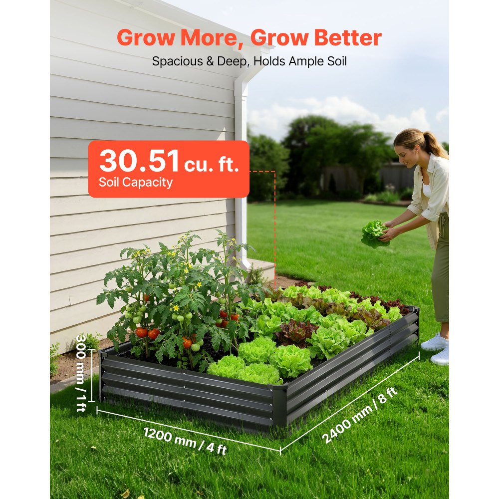 VEVOR 2 Pack Galvanized Raised Garden Beds, 8 x 4 x 1 ft, Rectangular Metal Planter Boxes Kit Outdoor, Bottomless Elevated Planting Box with Gloves, Alu-Zinc, for Growing Flowers Vegetables, Dark Gray