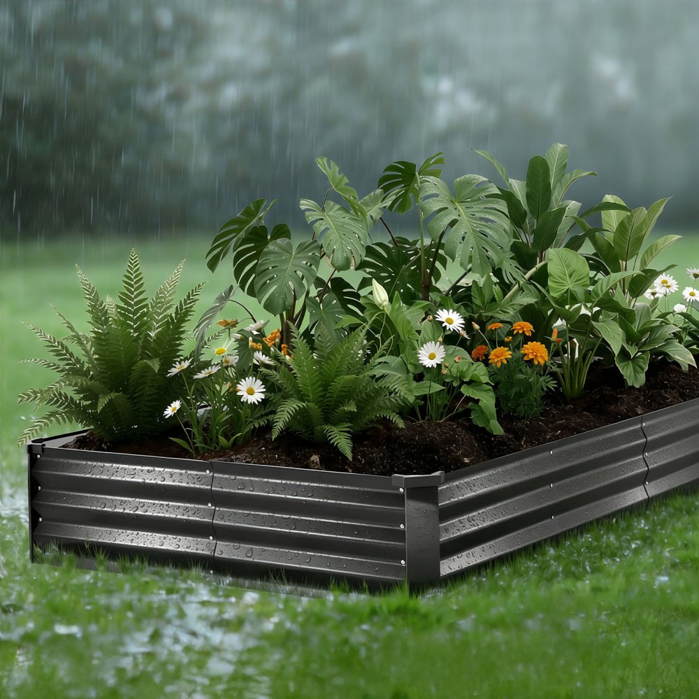 VEVOR 2 Pack Galvanized Raised Garden Beds, 8 x 4 x 1 ft, Rectangular Metal Planter Boxes Kit Outdoor, Bottomless Elevated Planting Box with Gloves, Alu-Zinc, for Growing Flowers Vegetables, Dark Gray