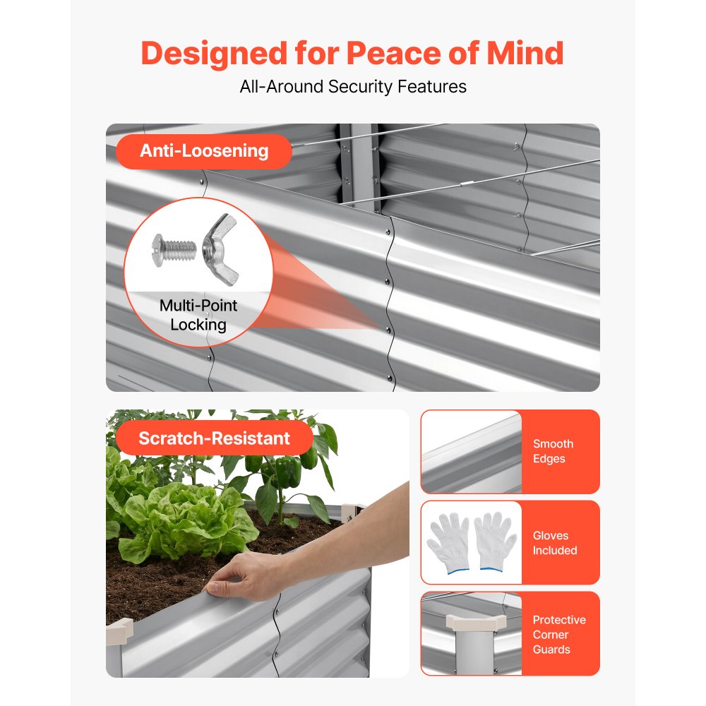 VEVOR Galvanized Raised Garden Bed, 8 x 4 x 2 ft, Rectangular Metal Planter Box Kit Outdoor, Bottomless Elevated Planting Box with Gloves, Rustproof Alu-Zinc, for Growing Flowers Vegetables, Silver