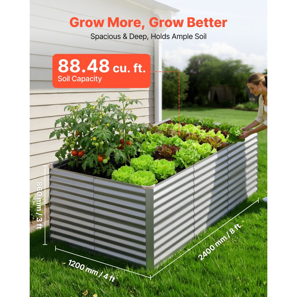 VEVOR Galvanized Raised Garden Bed, 8 x 4 x 3 ft, Rectangular Metal Planter Box Kit Outdoor, Bottomless Elevated Planting Box with Gloves, Rustproof Alu-Zinc, for Growing Flowers Vegetables, Silver