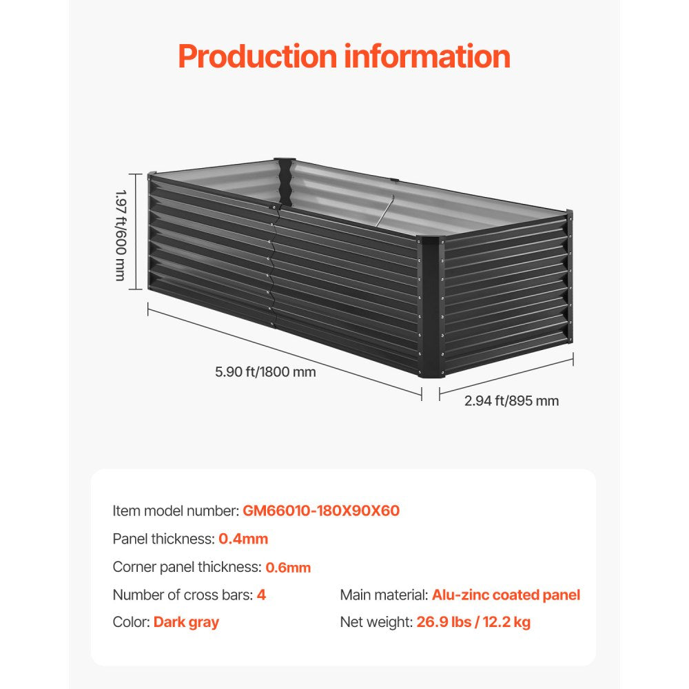 VEVOR Metal Raised Garden Bed, 6 x 3 x 2 ft Outdoor Galvanized Planter Box, with Open Bottom, Large Planter Raised Bed for Gardening Vegetables, Flowers, Herbs, and Succulent Plants, Dark Gray