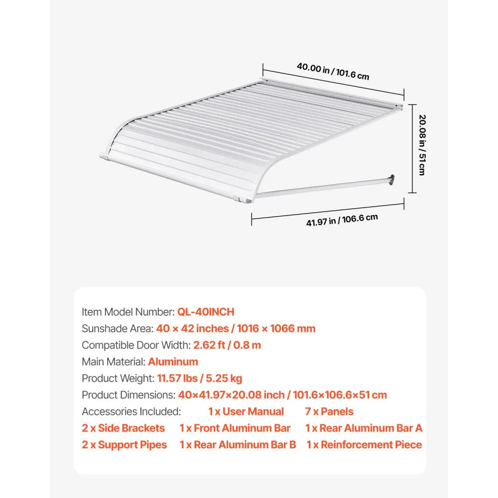 VEVOR Aluminum Awning 40 x 42 in, Durable Window Awning Door Canopy, Lightweight and Stable Aluminum Exterior Awnings Rain Snow Sunlight Protection for Door Entrance Windows Patio Porch