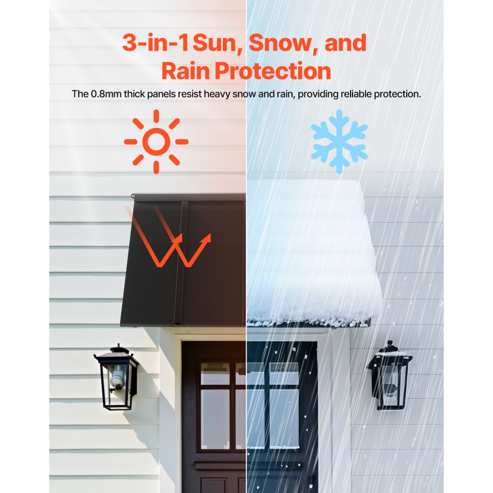 VEVOR Fixed Metal Awning 44 x 24 in, Window Awning Door Canopy, Stable Triangle Steel Frame Awnings for Doors Exterior Rain, and Snow Sunlight Protection for Door Entrance, Windows, Porches, Balconies