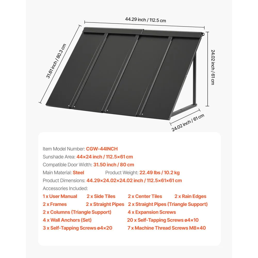 VEVOR Fixed Metal Awning 44 x 24 in, Window Awning Door Canopy, Stable Triangle Steel Frame Awnings for Doors Exterior Rain, and Snow Sunlight Protection for Door Entrance, Windows, Porches, Balconies