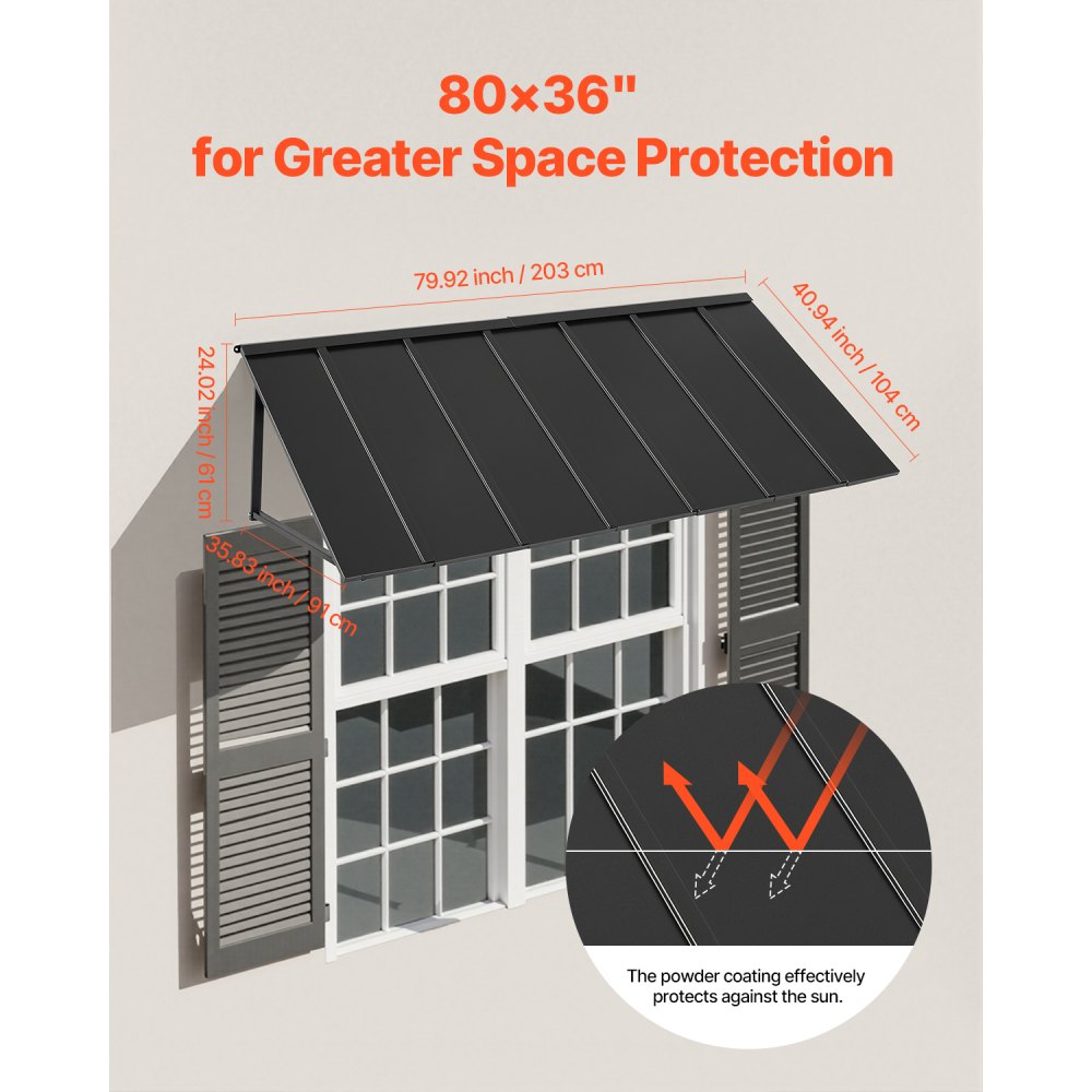 VEVOR Fixed Metal Awning 80 x 36 in, Window Awning Door Canopy, Stable Triangle Steel Frame Exterior Awnings Rain, and Snow Sunlight Protection for Door Entrance, Windows, Porches, Balconies