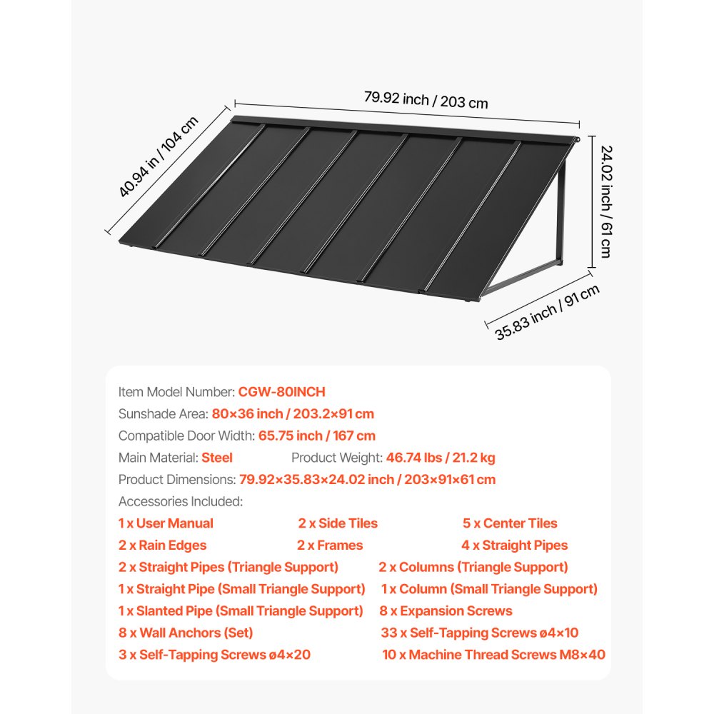 VEVOR Fixed Metal Awning 80 x 36 in, Window Awning Door Canopy, Stable Triangle Steel Frame Exterior Awnings Rain, and Snow Sunlight Protection for Door Entrance, Windows, Porches, Balconies
