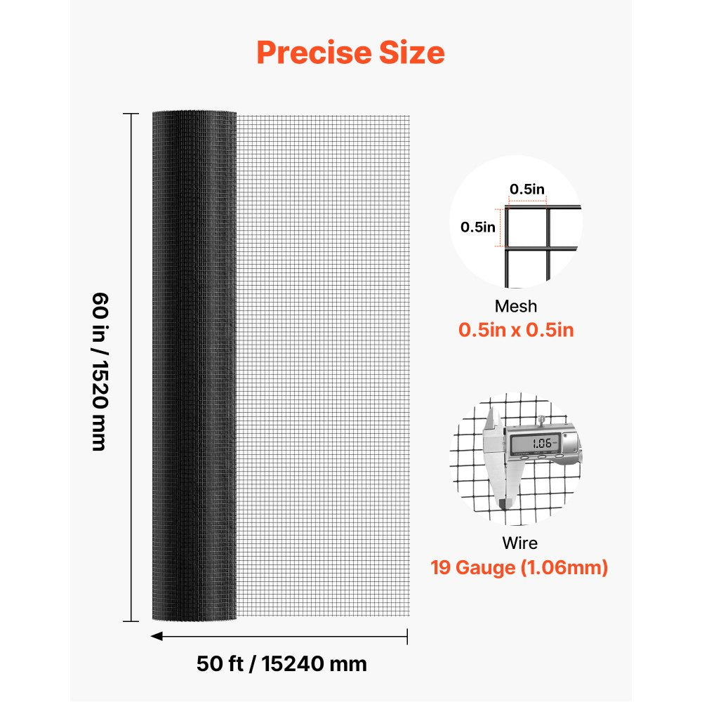 VEVOR Hardware Cloth 60 in x 50 ft, 1/2 in 19 Gauge Galvanized Wire Mesh Roll, Weather-Resistant Vinyl Coated Chicken Wire Fencing, Heavy Duty Welded Garden Plant Fencing for Rabbit Cage Snake Fence
