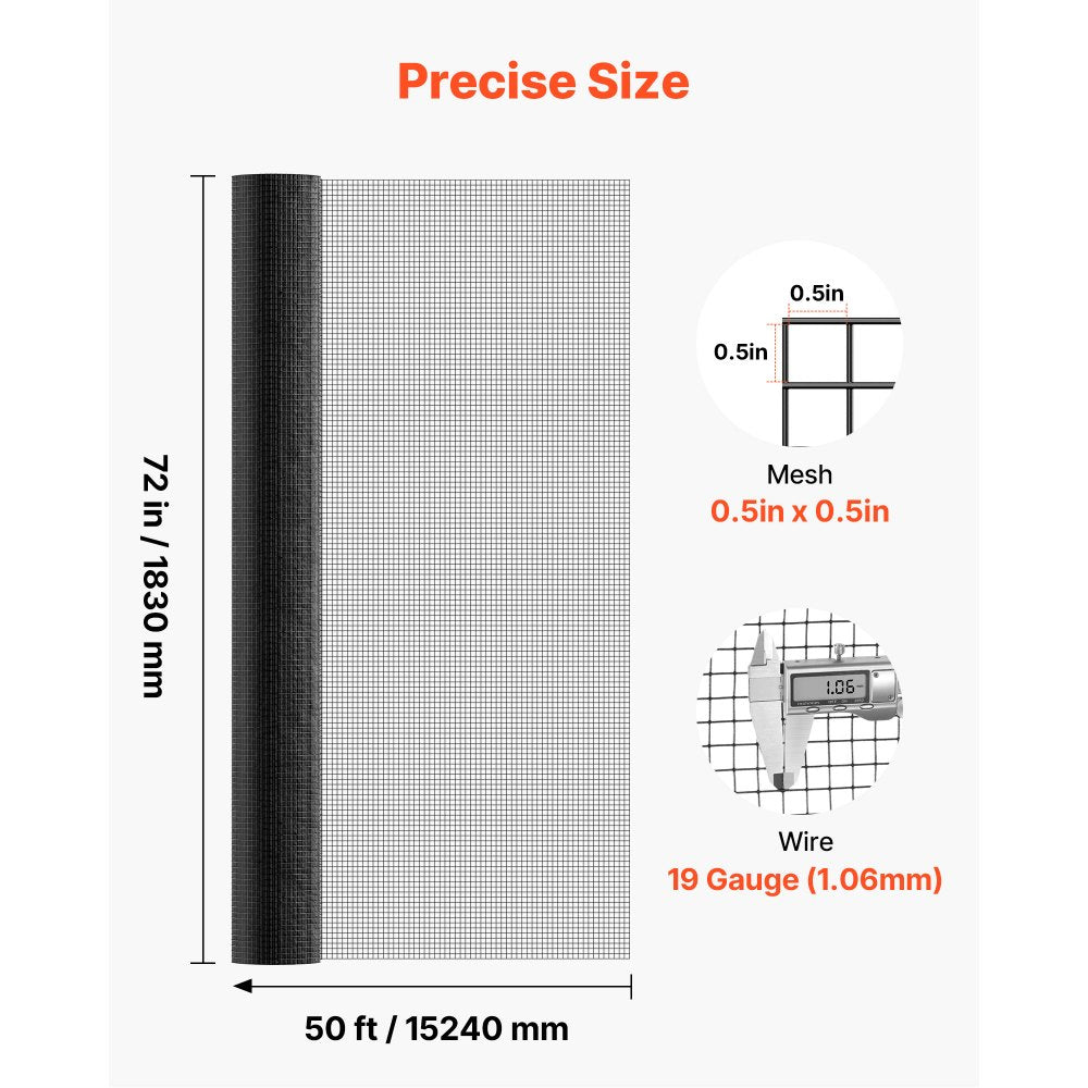 VEVOR Hardware Cloth 72 in x 50 ft, 1/2 in 19 Gauge Galvanized Wire Mesh Roll, Weather-Resistant Vinyl Coated Chicken Wire Fencing, Heavy Duty Welded Garden Plant Fencing for Rabbit Cage Snake Fence