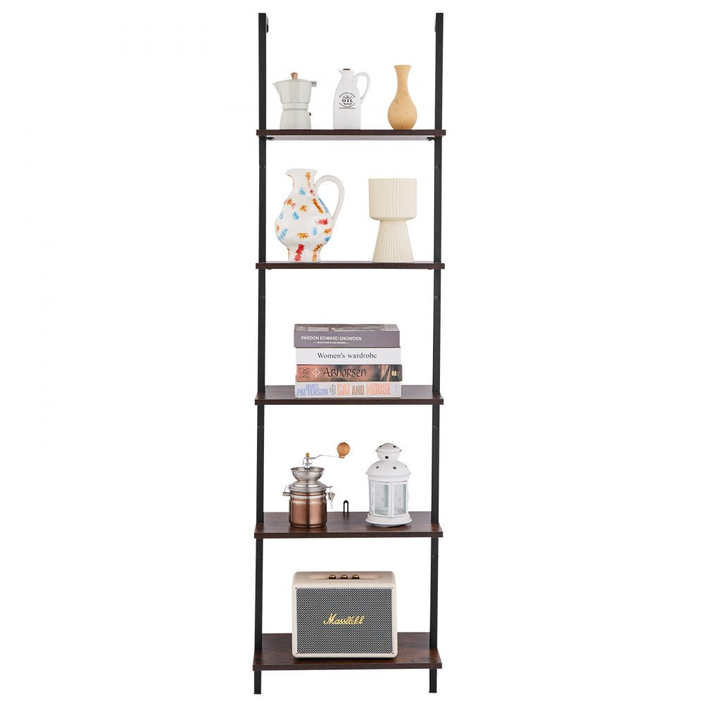VEVOR Ladder Shelf, 5-Tier Bookshelf 17.3x11.8in, Open Wall-Mounted Ladder Shelf with Metal Frame,Storage Rack Sundries Holder for Kitchen Bedroom Bathroom Living Room, Black
