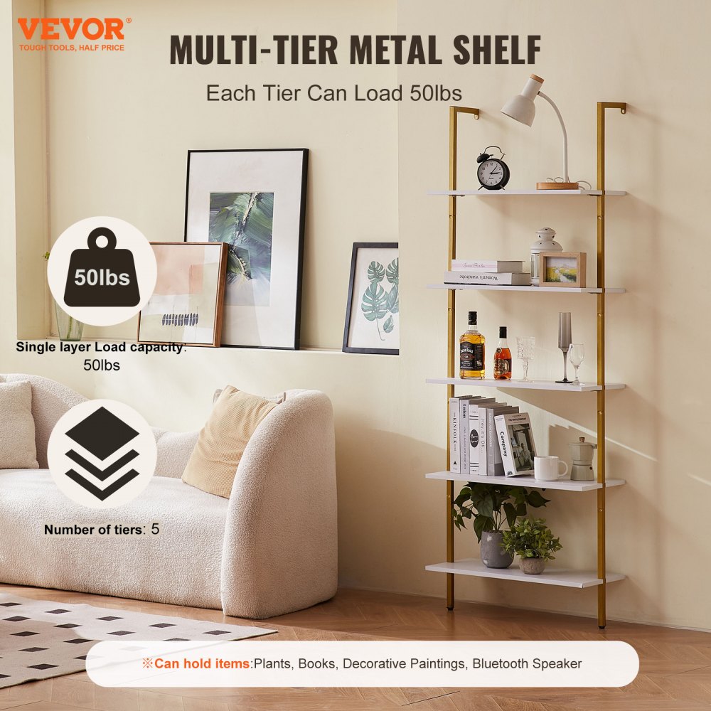 VEVOR Ladder Shelf, 5-Tier Bookshelf 24x11.8in, Open Wall-Mounted Ladder Shelf with Metal Frame,Storage Rack Sundries Holder for Kitchen Bedroom Bathroom Living Room, Gold White