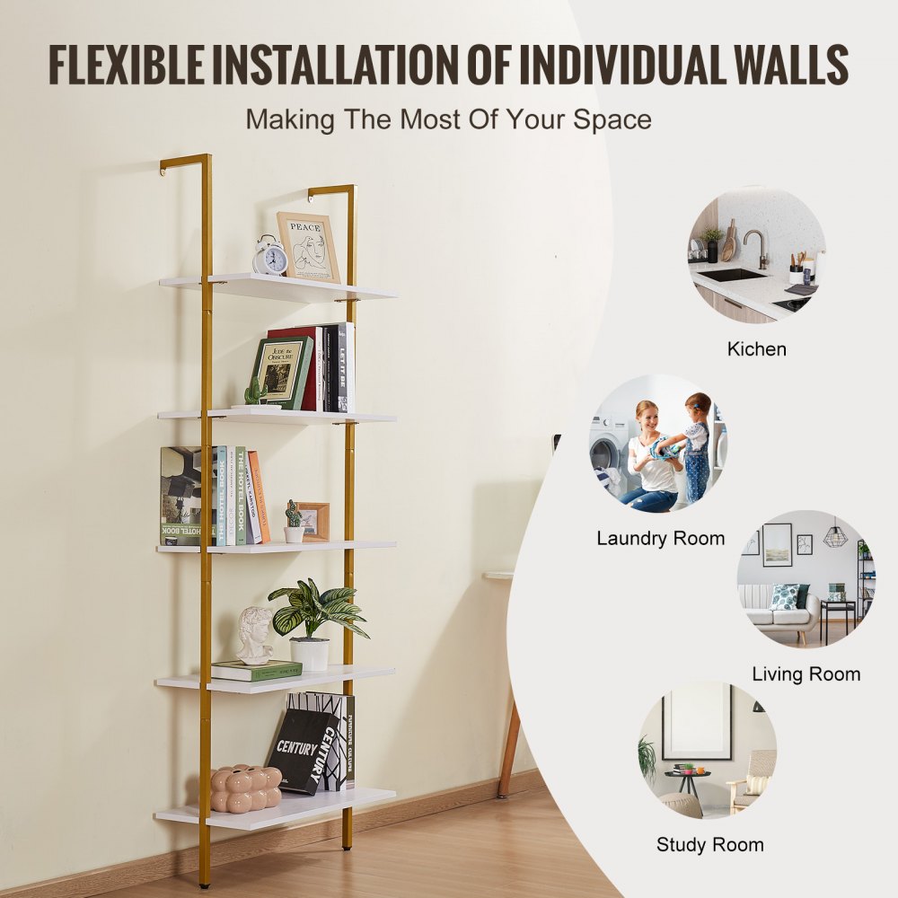 VEVOR Ladder Shelf, 5-Tier Bookshelf 24x11.8in, Open Wall-Mounted Ladder Shelf with Metal Frame,Storage Rack Sundries Holder for Kitchen Bedroom Bathroom Living Room, Gold White