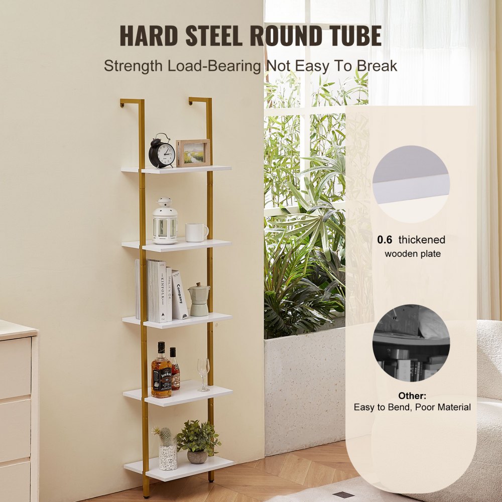 VEVOR Ladder Shelf, 5-Tier Bookshelf 15.6x11.8in, Open Wall-Mounted Ladder Shelf with Metal Frame,Storage Rack Sundries Holder for Kitchen Bedroom Bathroom Living Room, Gold White