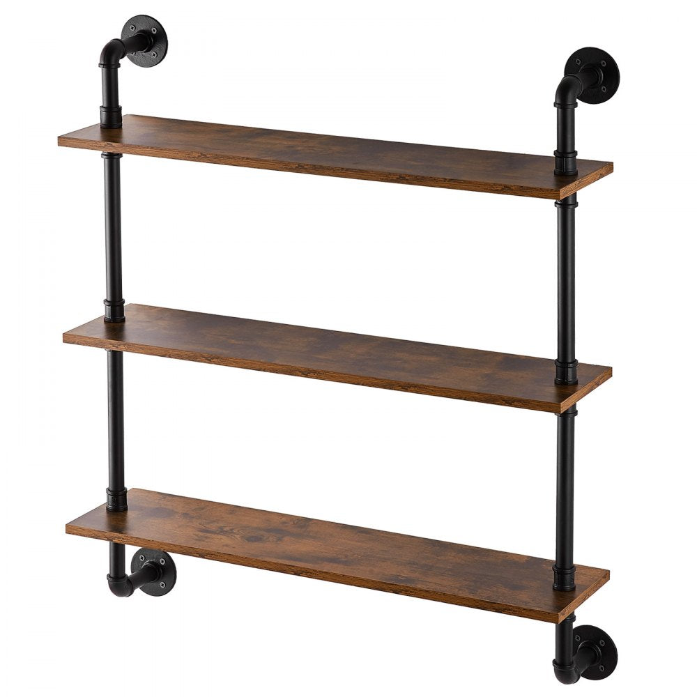 VEVOR Industrial Pipe Shelf, 3 Tier 32x7.87in, Wall-Mount Floating Rustic Wood Shelves Bracket Display Bookshelf, Storage Rack Sundries Holder for Kitchen Bedroom Bathroom Living Room, Black