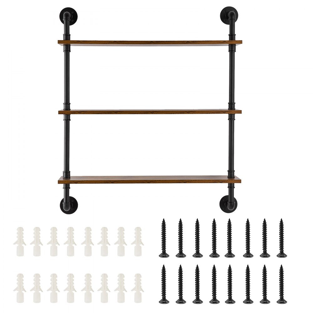 VEVOR Industrial Pipe Shelf, 3 Tier 32x7.87in, Wall-Mount Floating Rustic Wood Shelves Bracket Display Bookshelf, Storage Rack Sundries Holder for Kitchen Bedroom Bathroom Living Room, Black
