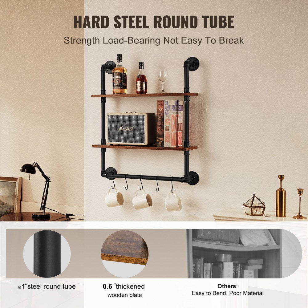 VEVOR Industrial Pipe Shelf, 2 Tier 24x7.87in, Wall-Mount Floating Rustic Wood Shelves Bracket Display Bookshelf, Storage Rack Sundries Holder for Kitchen Bedroom Bathroom Living Room, Black