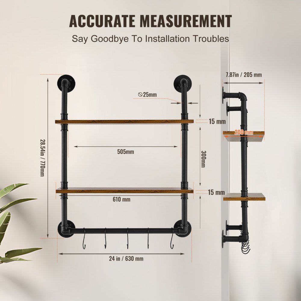 VEVOR Industrial Pipe Shelf, 2 Tier 24x7.87in, Wall-Mount Floating Rustic Wood Shelves Bracket Display Bookshelf, Storage Rack Sundries Holder for Kitchen Bedroom Bathroom Living Room, Black