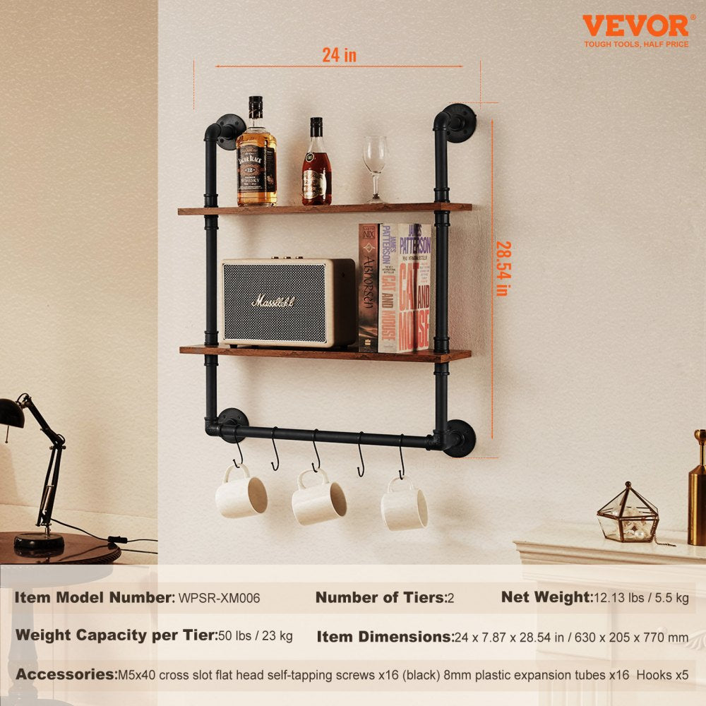 VEVOR Industrial Pipe Shelf, 2 Tier 24x7.87in, Wall-Mount Floating Rustic Wood Shelves Bracket Display Bookshelf, Storage Rack Sundries Holder for Kitchen Bedroom Bathroom Living Room, Black