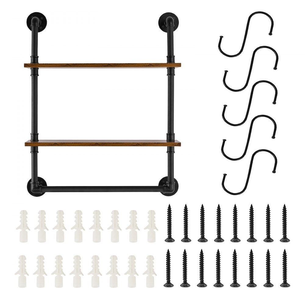 VEVOR Industrial Pipe Shelf, 2 Tier 24x7.87in, Wall-Mount Floating Rustic Wood Shelves Bracket Display Bookshelf, Storage Rack Sundries Holder for Kitchen Bedroom Bathroom Living Room, Black