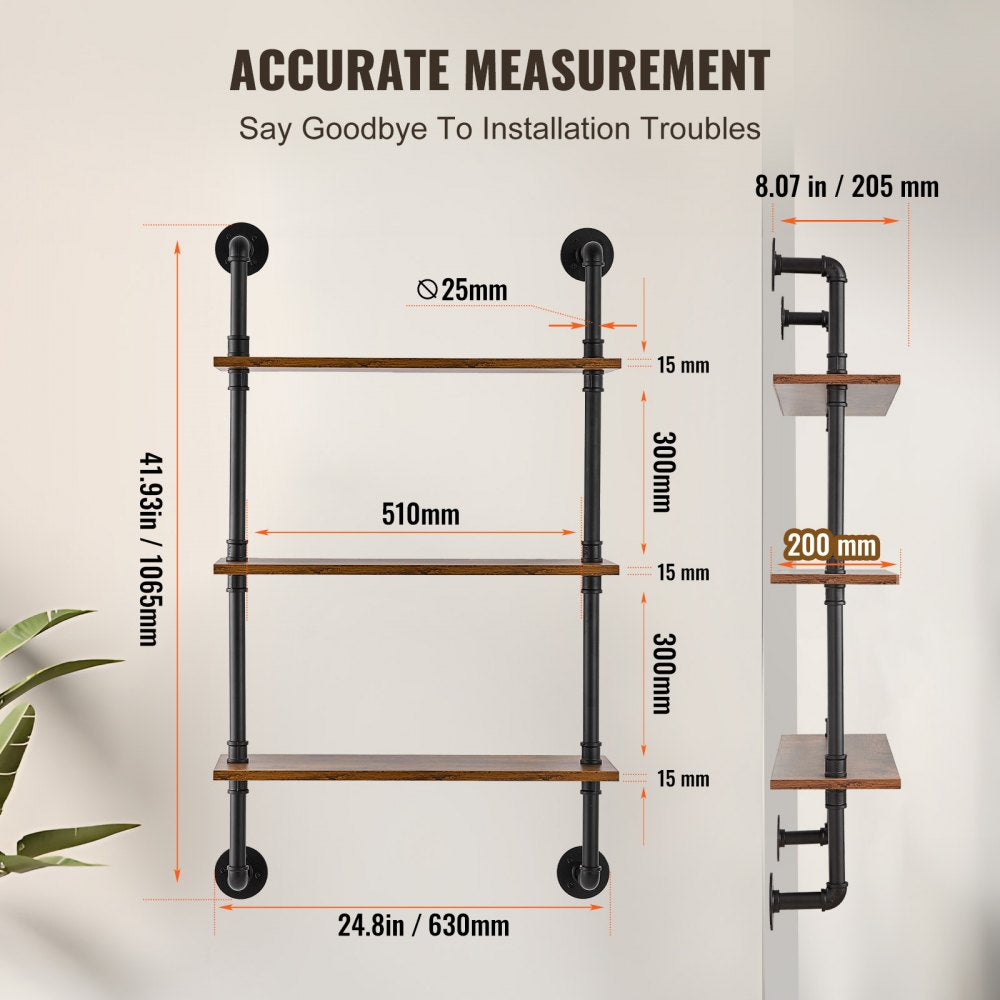 VEVOR Industrial Pipe Shelf, 3 Tier 24x7.87in, Wall-Mount Floating Rustic Wood Shelves Bracket Display Bookshelf, Storage Rack Sundries Holder for Kitchen Bedroom Bathroom Living Room, Black
