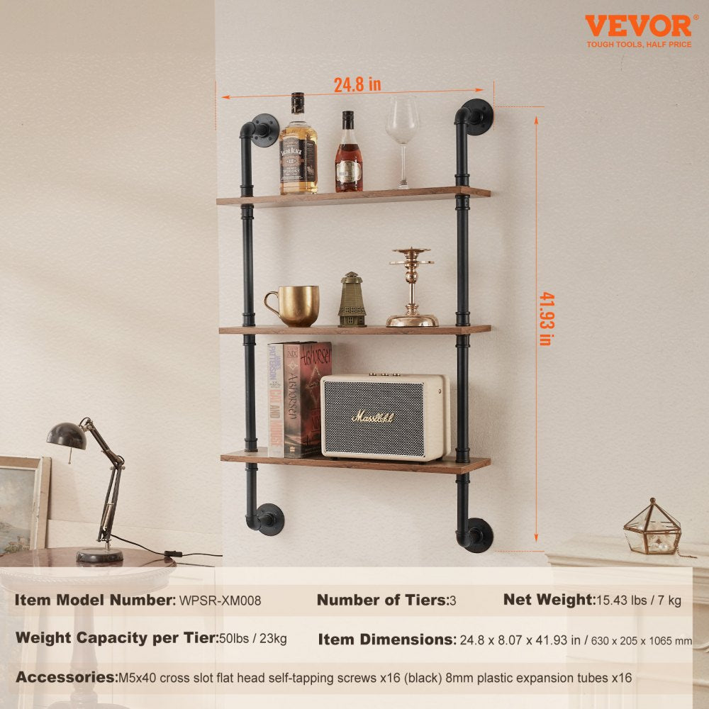 VEVOR Industrial Pipe Shelf, 3 Tier 24x7.87in, Wall-Mount Floating Rustic Wood Shelves Bracket Display Bookshelf, Storage Rack Sundries Holder for Kitchen Bedroom Bathroom Living Room, Black