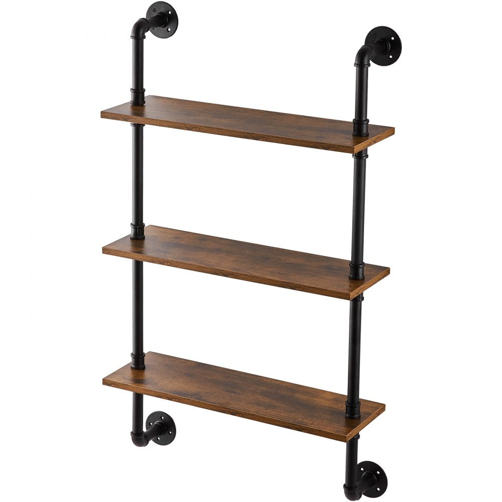VEVOR Industrial Pipe Shelf, 3 Tier 24x7.87in, Wall-Mount Floating Rustic Wood Shelves Bracket Display Bookshelf, Storage Rack Sundries Holder for Kitchen Bedroom Bathroom Living Room, Black