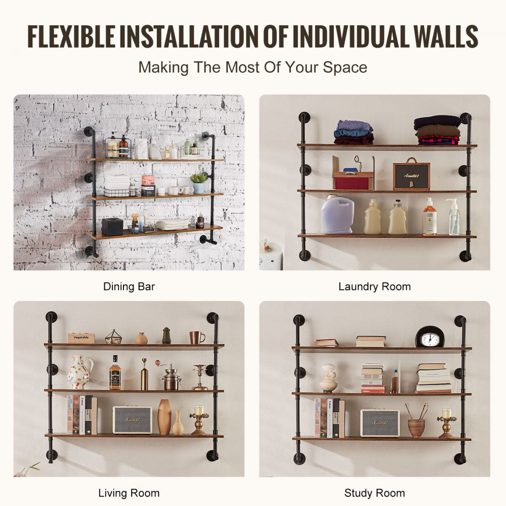 VEVOR Industrial Pipe Shelf, 3 Tier 48x9.84in, Wall-Mount Floating Rustic Wood Shelves Bracket Display Bookshelf, Storage Rack Sundries Holder for Kitchen Bedroom Bathroom Living Room, Black