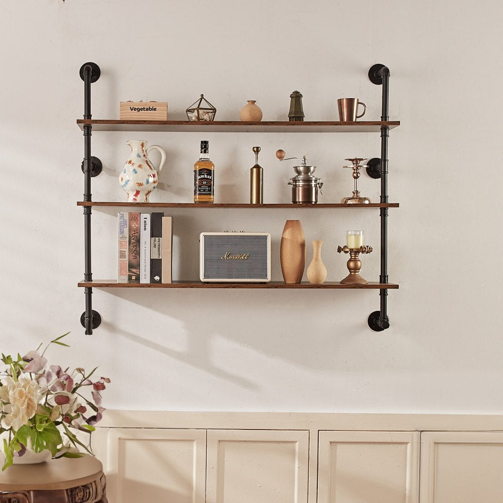VEVOR Industrial Pipe Shelf, 3 Tier 48x9.84in, Wall-Mount Floating Rustic Wood Shelves Bracket Display Bookshelf, Storage Rack Sundries Holder for Kitchen Bedroom Bathroom Living Room, Black