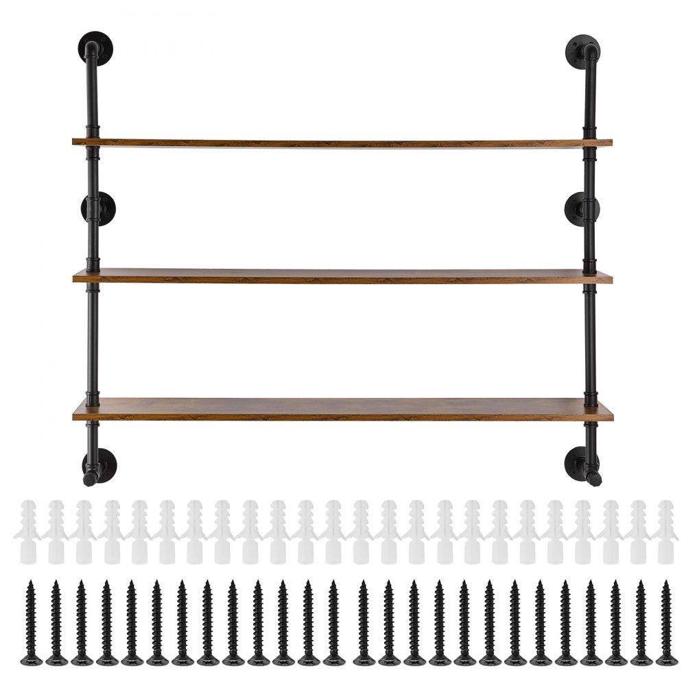 VEVOR Industrial Pipe Shelf, 3 Tier 48x9.84in, Wall-Mount Floating Rustic Wood Shelves Bracket Display Bookshelf, Storage Rack Sundries Holder for Kitchen Bedroom Bathroom Living Room, Black