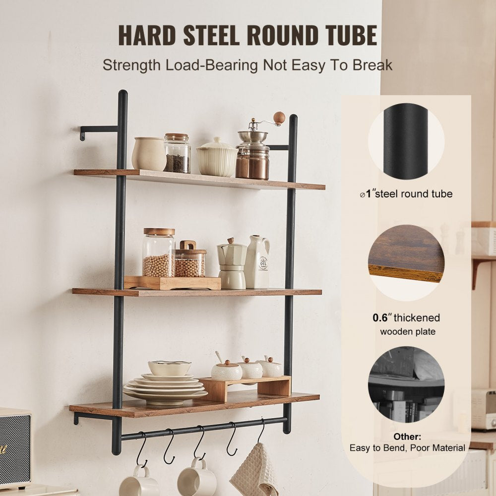 VEVOR Industrial Pipe Shelf, 3 Tier 32x9.84in, Wall-Mount Floating Rustic Wood Shelves Bracket Display Bookshelf, Storage Rack Sundries Holder for Kitchen Bedroom Bathroom Living Room, Black