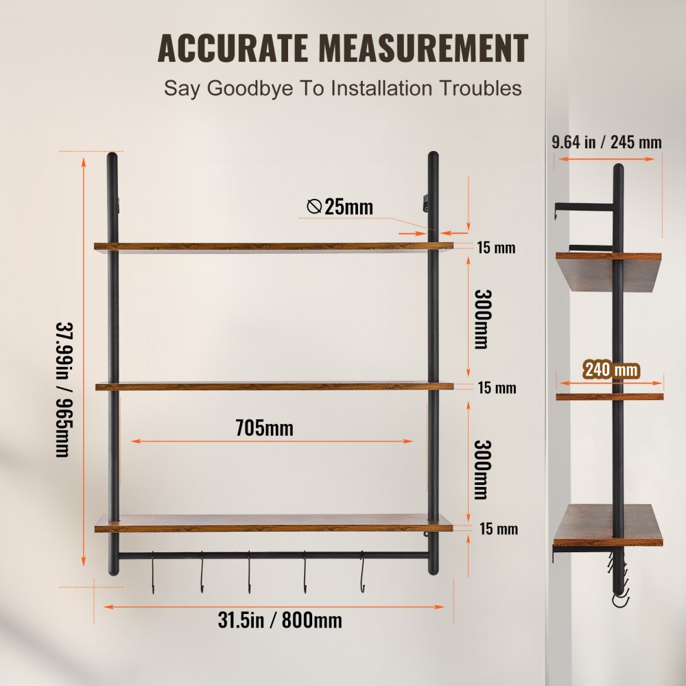 VEVOR Industrial Pipe Shelf, 3 Tier 32x9.84in, Wall-Mount Floating Rustic Wood Shelves Bracket Display Bookshelf, Storage Rack Sundries Holder for Kitchen Bedroom Bathroom Living Room, Black