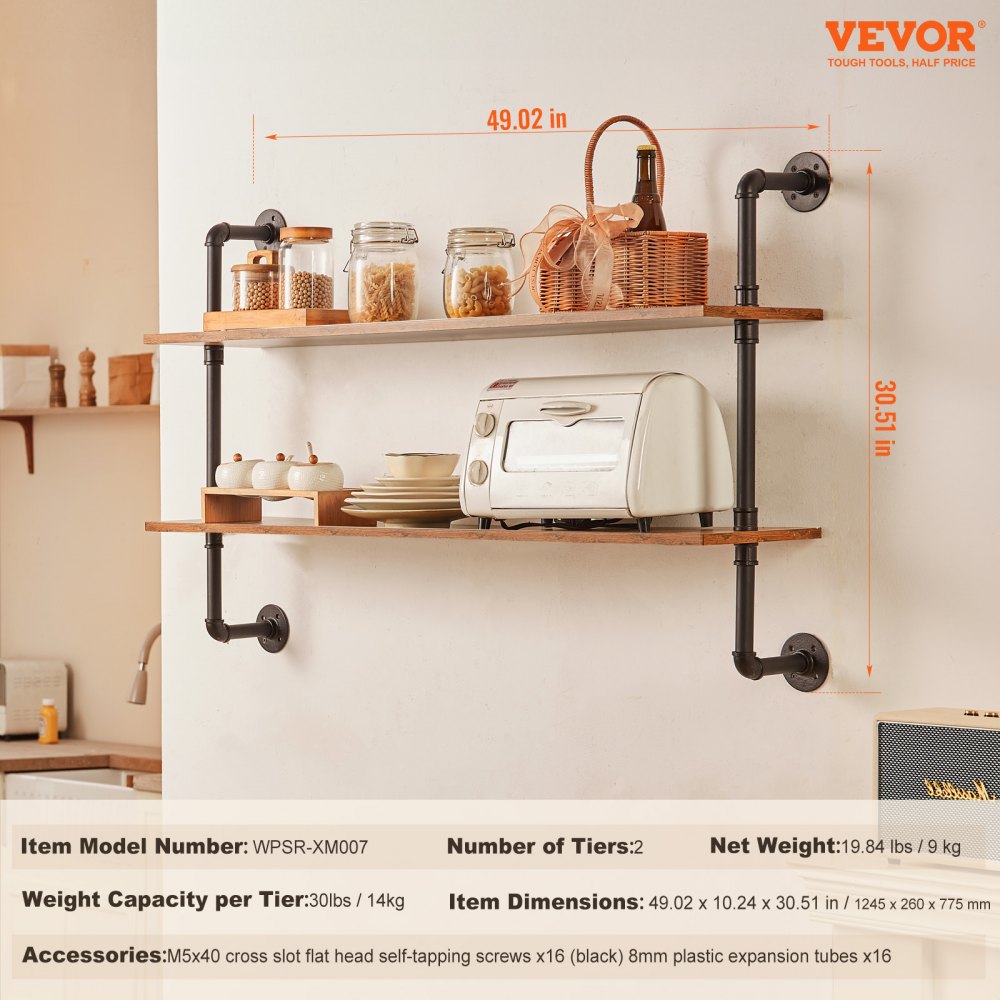 VEVOR Industrial Pipe Shelf, 2 Tier 48x 9.84in, Wall-Mount Floating Rustic Wood Shelves Bracket Display Bookshelf, Storage Rack Sundries Holder for Kitchen Bedroom Bathroom Living Room, Black