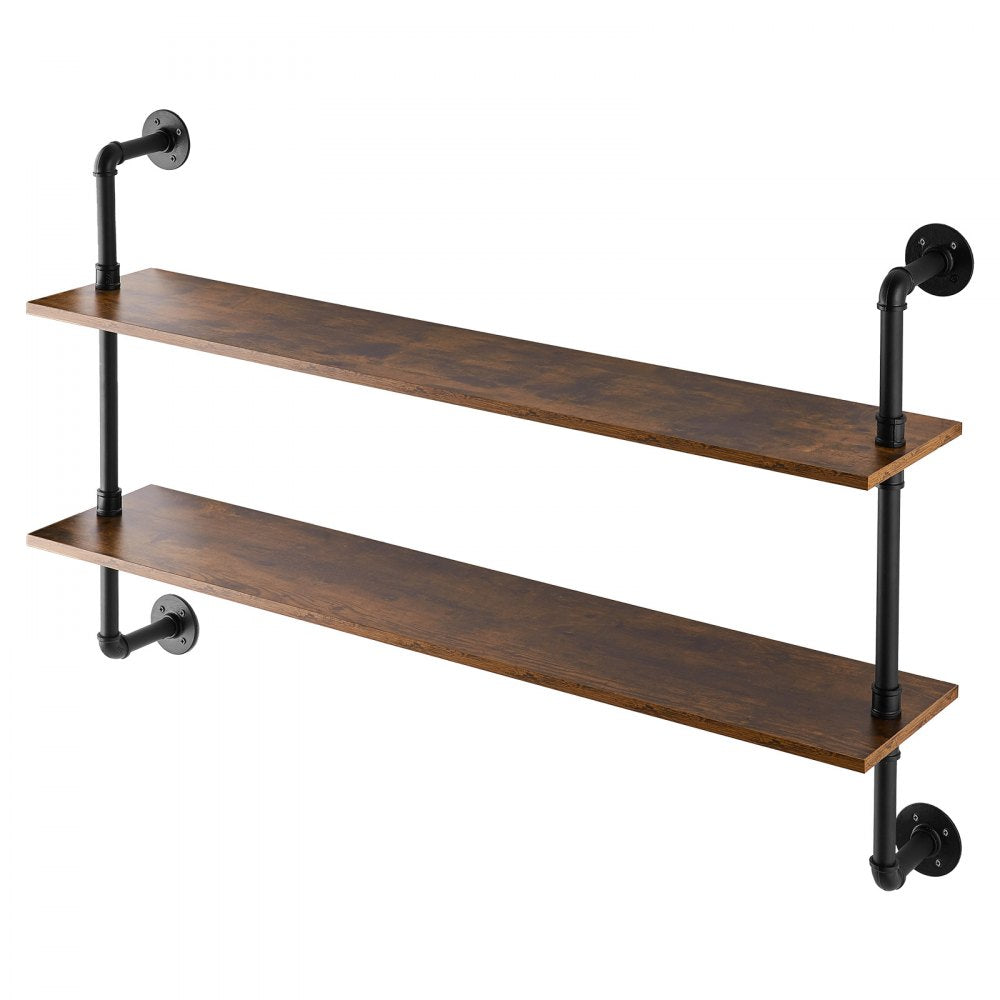 VEVOR Industrial Pipe Shelf, 2 Tier 48x 9.84in, Wall-Mount Floating Rustic Wood Shelves Bracket Display Bookshelf, Storage Rack Sundries Holder for Kitchen Bedroom Bathroom Living Room, Black