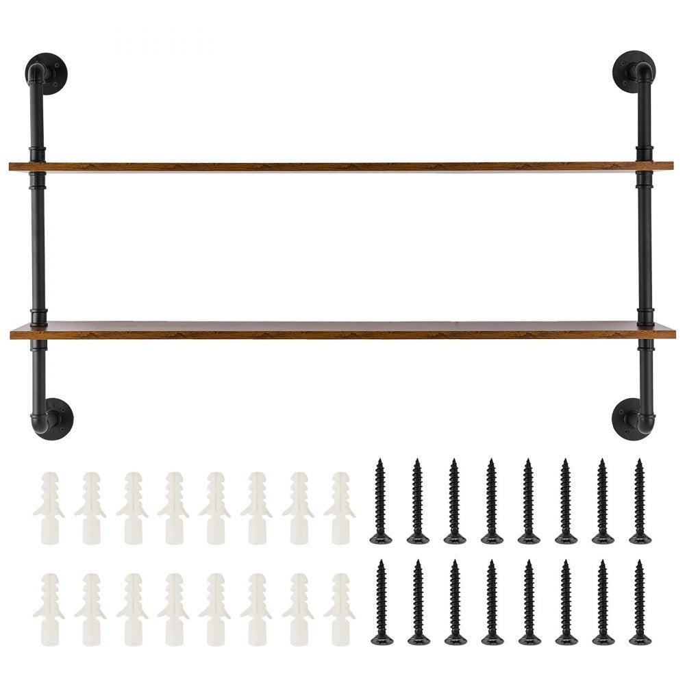 VEVOR Industrial Pipe Shelf, 2 Tier 48x 9.84in, Wall-Mount Floating Rustic Wood Shelves Bracket Display Bookshelf, Storage Rack Sundries Holder for Kitchen Bedroom Bathroom Living Room, Black