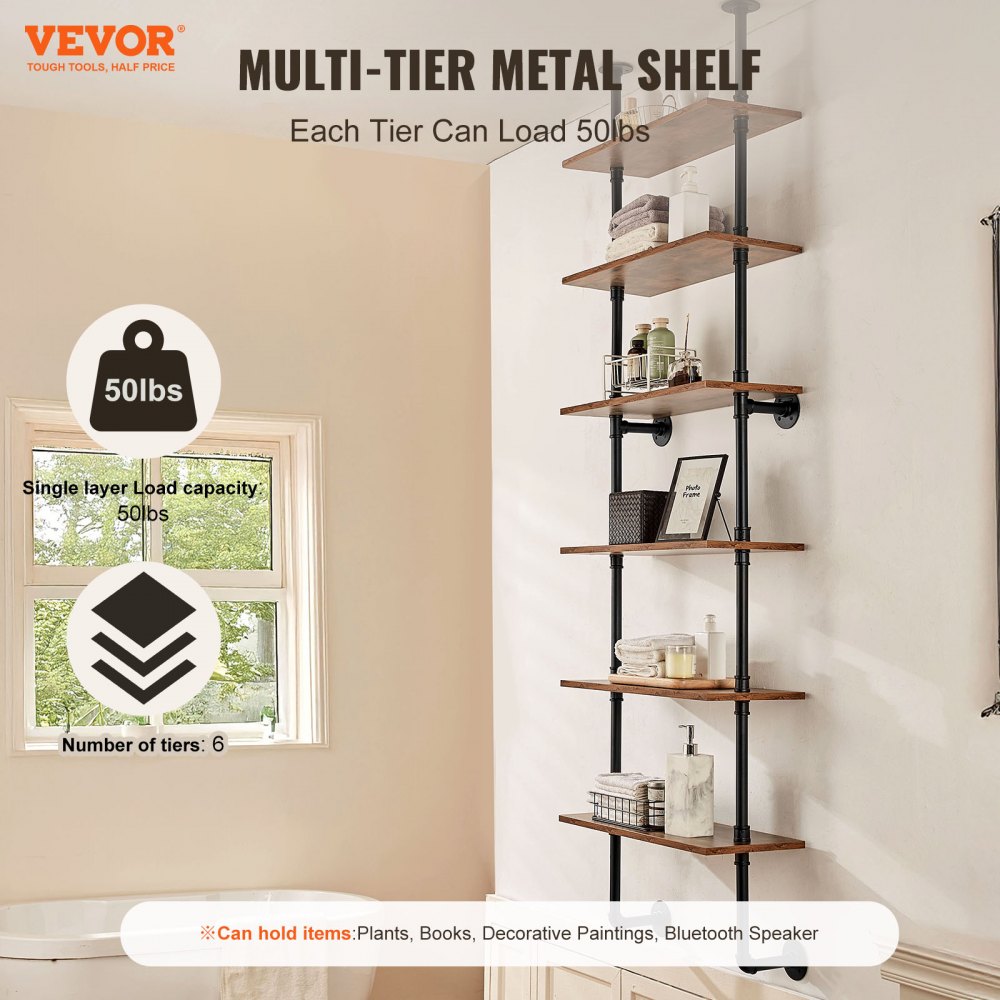 VEVOR Industrial Pipe Shelf, 6 Tier 24x9.84in, Wall-Mount Floating Rustic Wood Shelves Bracket Display Bookshelf, Storage Rack Sundries Holder for Kitchen Bedroom Bathroom Living Room, Black