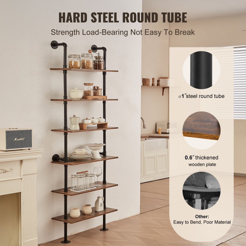 VEVOR Industrial Pipe Shelf, 6 Tier 24x9.84in, Wall-Mount Floating Rustic Wood Shelves Bracket Display Bookshelf, Storage Rack Sundries Holder for Kitchen Bedroom Bathroom Living Room, Black