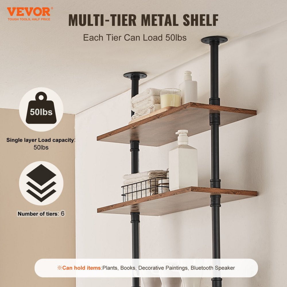 VEVOR Industrial Pipe Shelf, 5 Tier 24x9.84in, Wall-Mount Floating Rustic Wood Shelves Bracket Display Bookshelf, Storage Rack Sundries Holder for Kitchen Bedroom Bathroom Living Room, Black