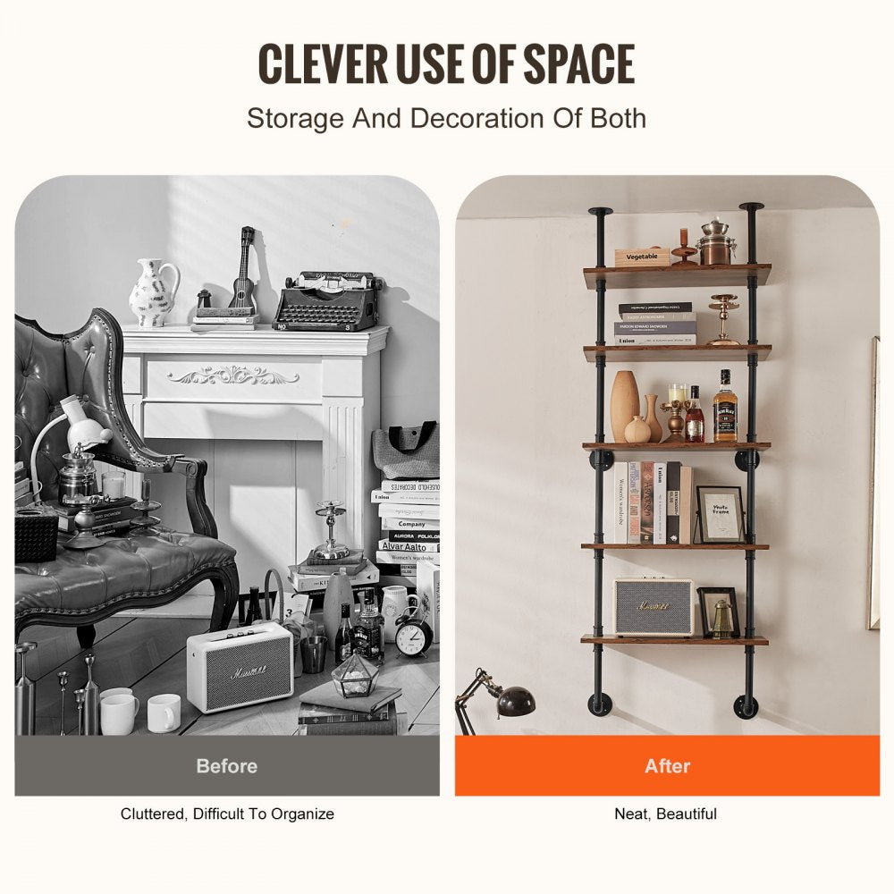 VEVOR Industrial Pipe Shelf, 5 Tier 24x9.84in, Wall-Mount Floating Rustic Wood Shelves Bracket Display Bookshelf, Storage Rack Sundries Holder for Kitchen Bedroom Bathroom Living Room, Black