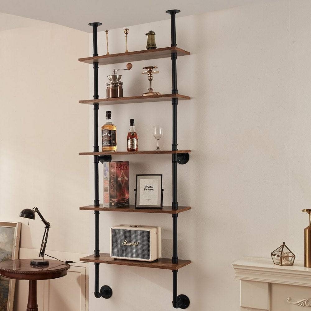 VEVOR Industrial Pipe Shelf, 5 Tier 24x9.84in, Wall-Mount Floating Rustic Wood Shelves Bracket Display Bookshelf, Storage Rack Sundries Holder for Kitchen Bedroom Bathroom Living Room, Black