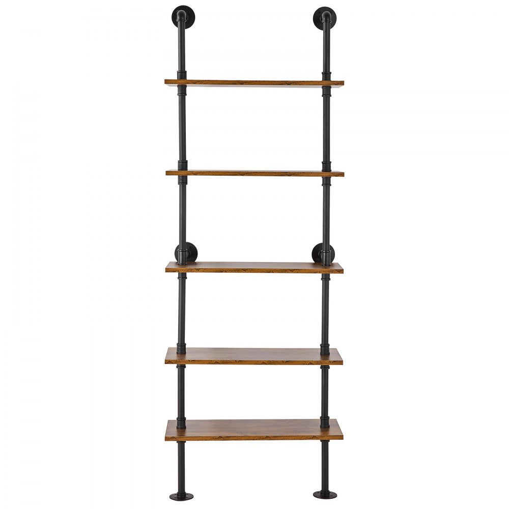 VEVOR Industrial Pipe Shelf, 5 Tier 24x9.84in, Wall-Mount Floating Rustic Wood Shelves Bracket Display Bookshelf, Storage Rack Sundries Holder for Kitchen Bedroom Bathroom Living Room, Black