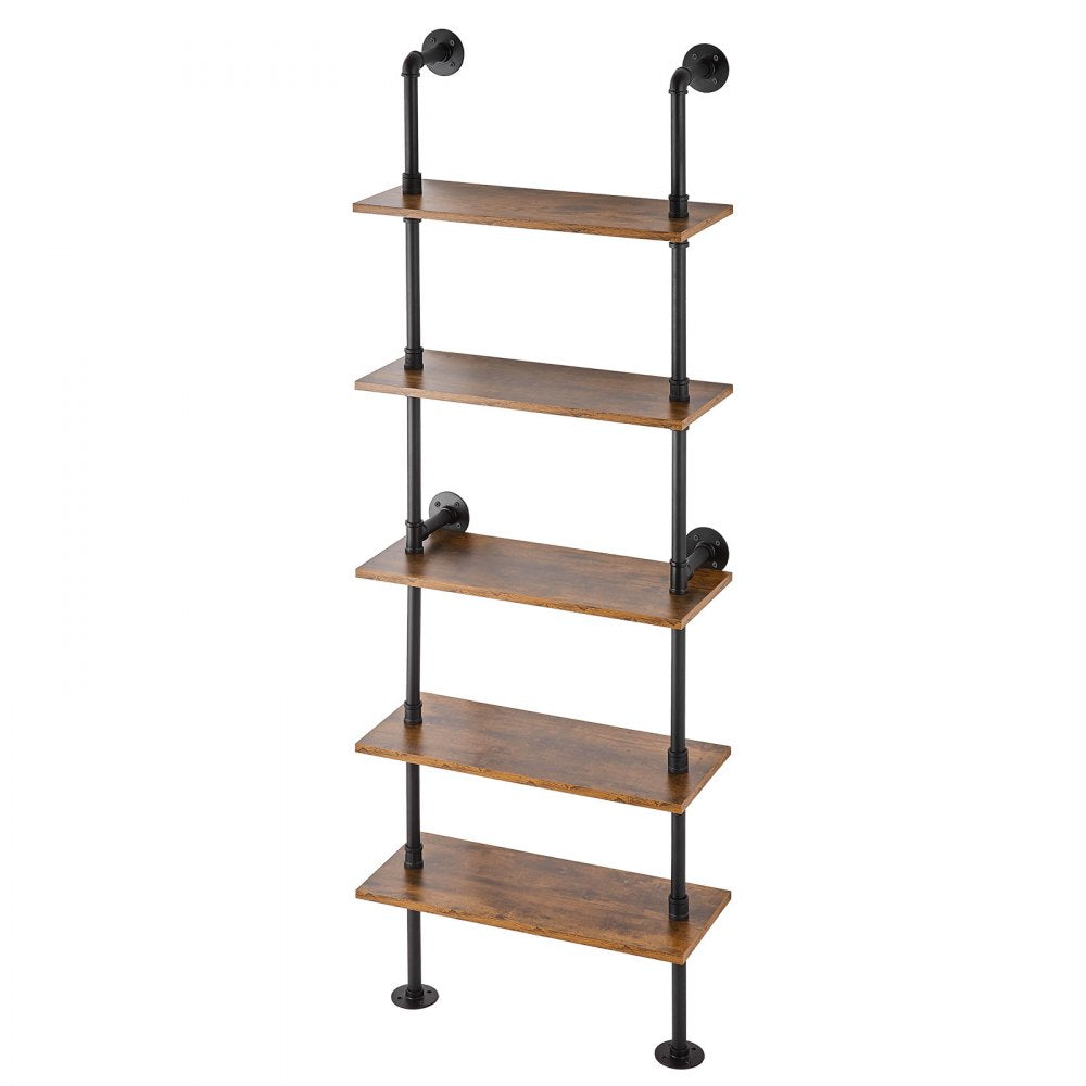 VEVOR Industrial Pipe Shelf, 5 Tier 24x9.84in, Wall-Mount Floating Rustic Wood Shelves Bracket Display Bookshelf, Storage Rack Sundries Holder for Kitchen Bedroom Bathroom Living Room, Black