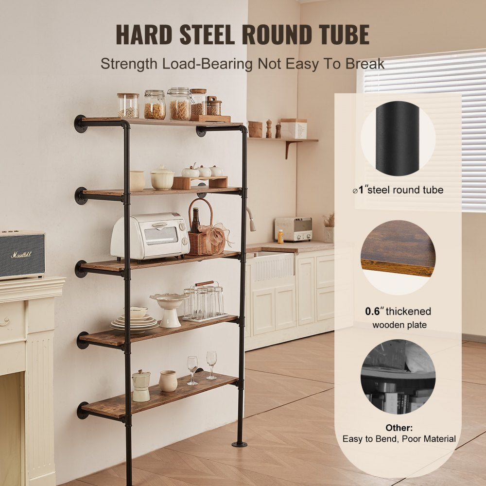 VEVOR Industrial Pipe Shelf, 5 Tier 2PCS, 11.8in Applicable Board Width Wall-Mount Floating Rustic Wood Shelves Bracket Bookshelf,Storage Holder for Kitchen Bedroom Bathroom, (Planks NOT Included)