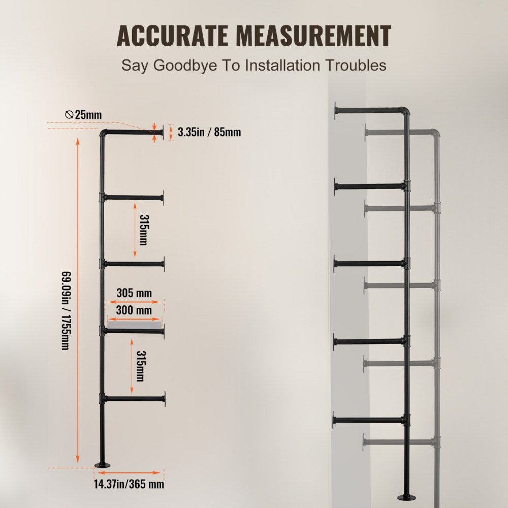 VEVOR Industrial Pipe Shelf, 5 Tier 2PCS, 11.8in Applicable Board Width Wall-Mount Floating Rustic Wood Shelves Bracket Bookshelf,Storage Holder for Kitchen Bedroom Bathroom, (Planks NOT Included)