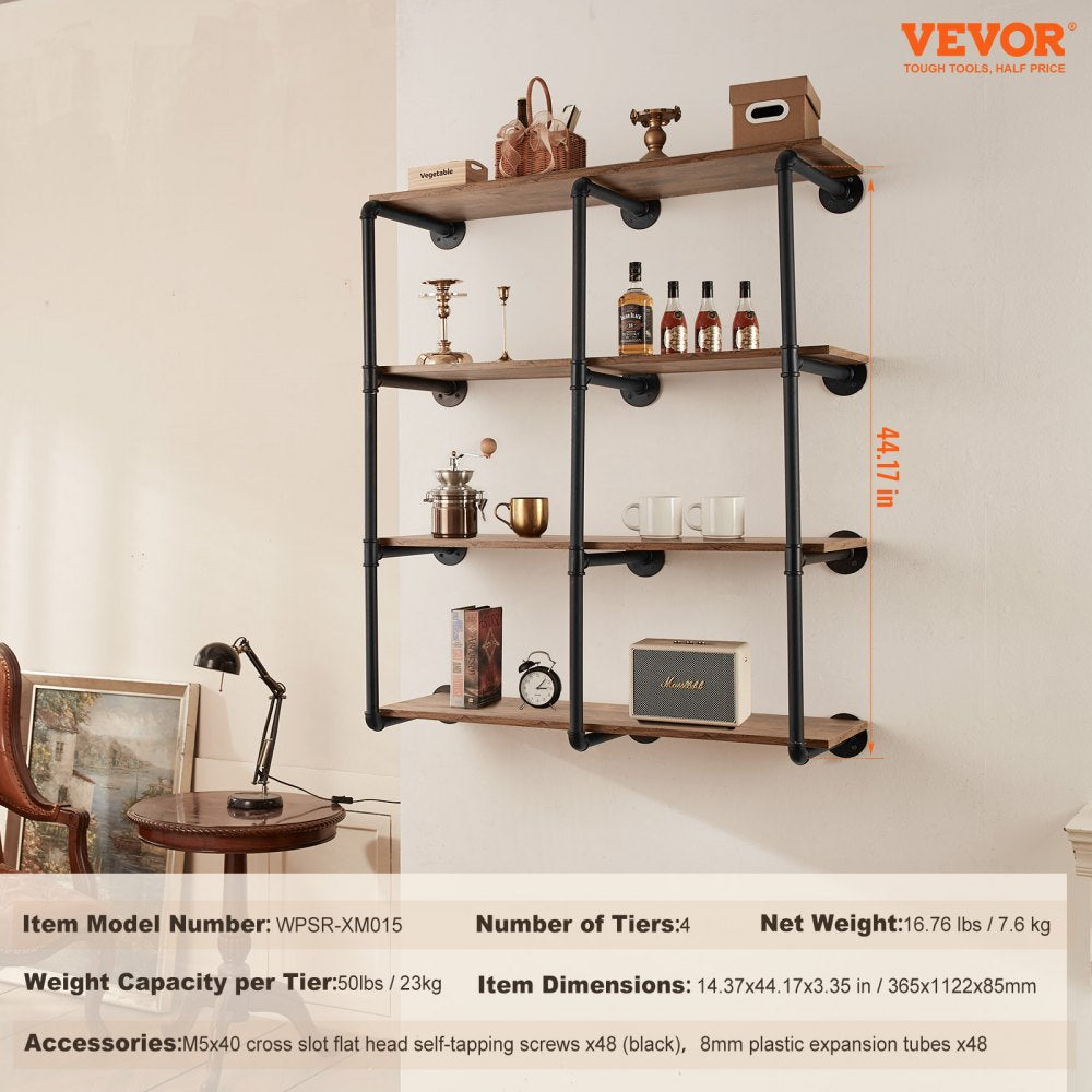 VEVOR Industrial Pipe Shelf, 4 Tier 3PCS, 11.8in Applicable Board Width Wall-Mount Floating Rustic Wood Shelves Bracket Bookshelf,Storage Holder for Kitchen Bedroom Bathroom, (Planks NOT Included)