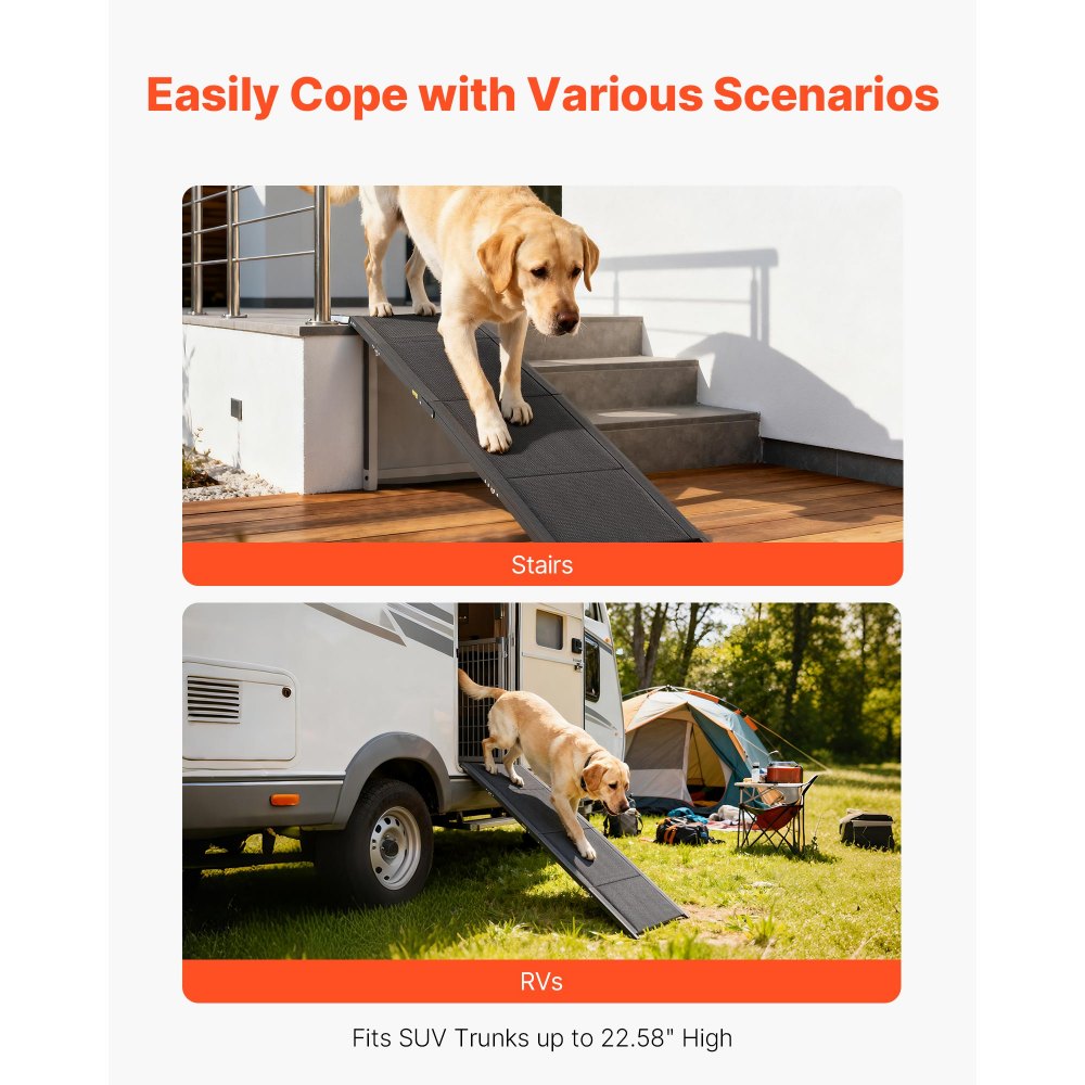 VEVOR Dog Ramp for Cars, 63" L x 17" W, Folding Pet Ramps for Medium & Large Dogs up to 250lbs, Pet Stair Ramp with Non-Slip Oxford Fabric Surface, Portable Outdoor Dog Car Ramps for SUV & Truck