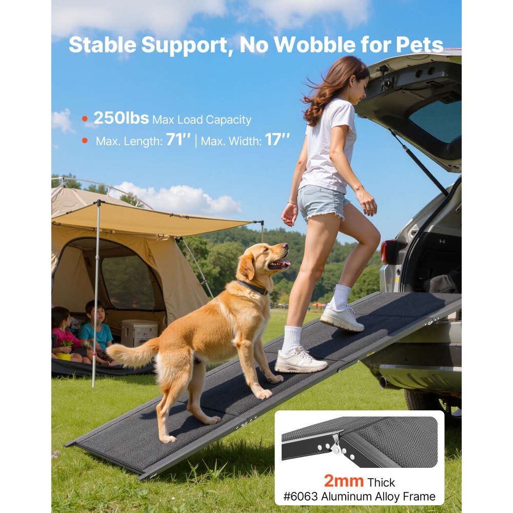 VEVOR Dog Ramp for Cars, 71" L x 17" W, Folding Pet Ramps for Medium & Large Dogs up to 250lbs, Pet Stair Ramp with Non-Slip Oxford Fabric Surface, Portable Outdoor Dog Car Ramps for SUV & Truck