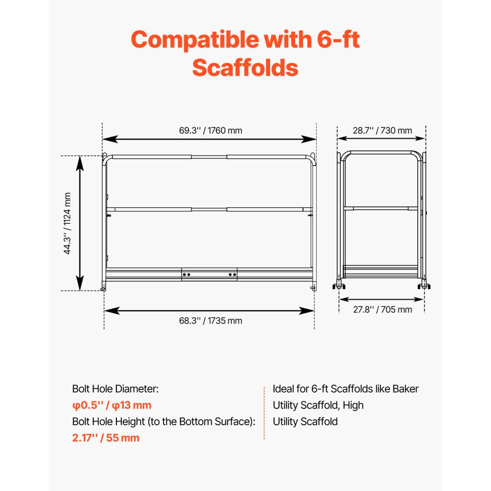 VEVOR 6 Foot Scaffolding Safety Guardrail, Rustproof Solid Carbon Steel Scaffold Guard Rail of 55.4 lbs Load Capacity, Baker Style Metal Guardrails Accessory System for Scaffolding Platform, Yellow