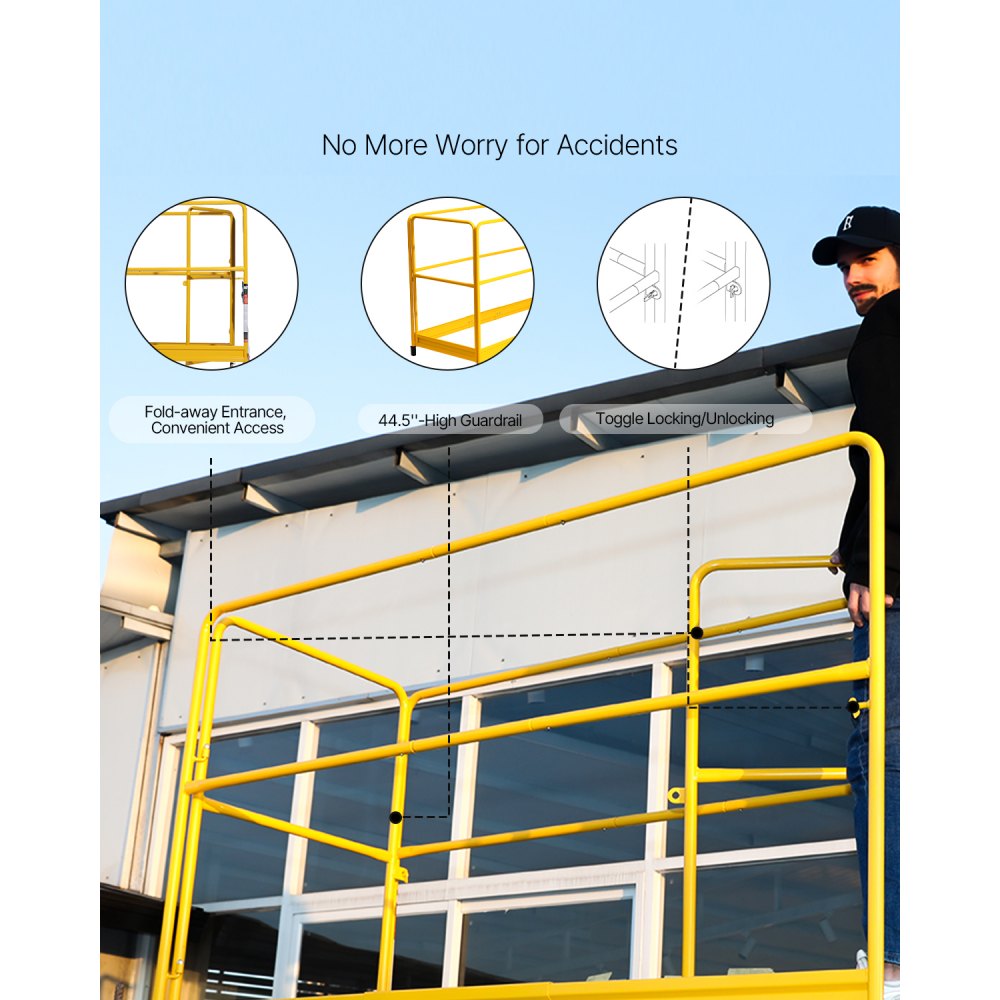 VEVOR 6 Foot Scaffolding Safety Guardrail, Rustproof Solid Carbon Steel Scaffold Guard Rail of 55.4 lbs Load Capacity, Baker Style Metal Guardrails Accessory System for Scaffolding Platform, Yellow